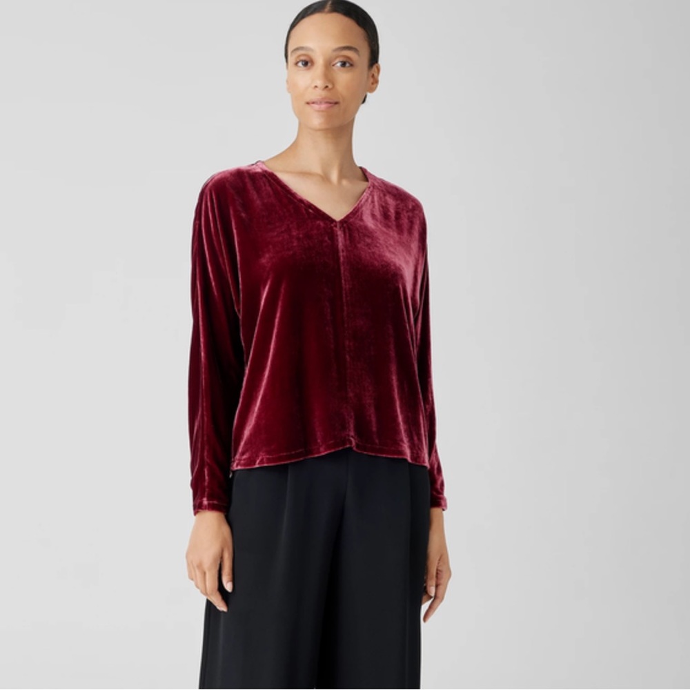 Eileen Fisher Silk Velvet V-Neck Long Dolman Sleeve Boxy Top